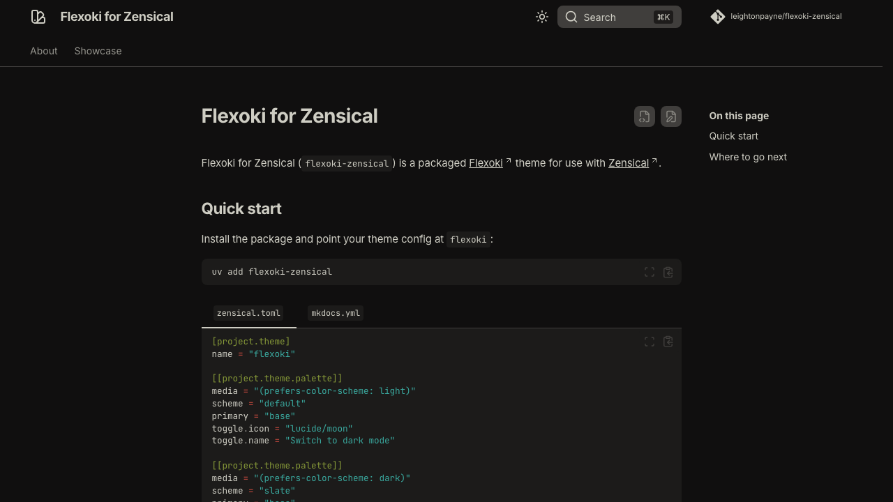 Dark-mode preview of the Flexoki for Zensical documentation site